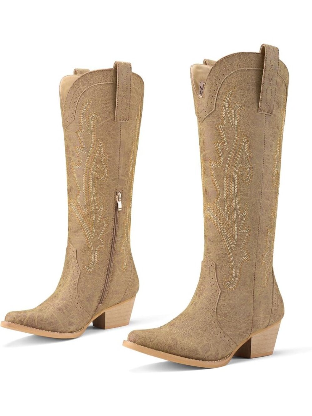 Women Brown Pointy Toe Western Cowboy Cowgirl Embroidered Knee High Boot